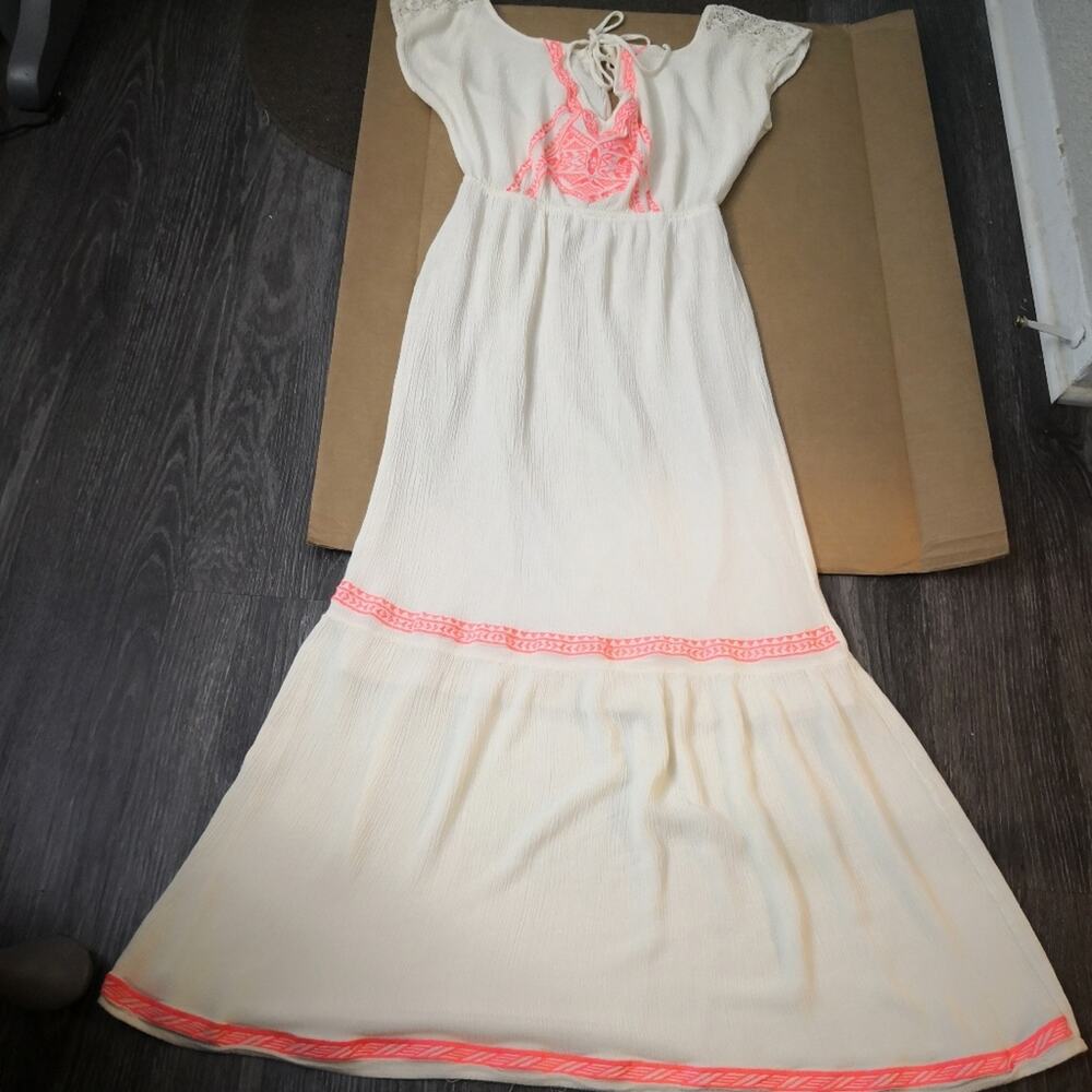 Flying Tomato Cream/Neon Pink Maxi Prairie Dress S Dopamine Boho Coconut Girl